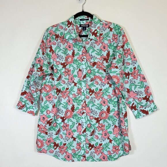 Lands' End Womens 14 Aqua Floral Button Up 3/4 Sleeve Supima No Iron Top Shirt - Picture 1 of 7